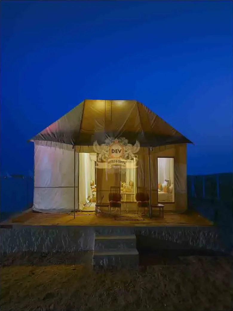 Royal sikar tent glowing at night